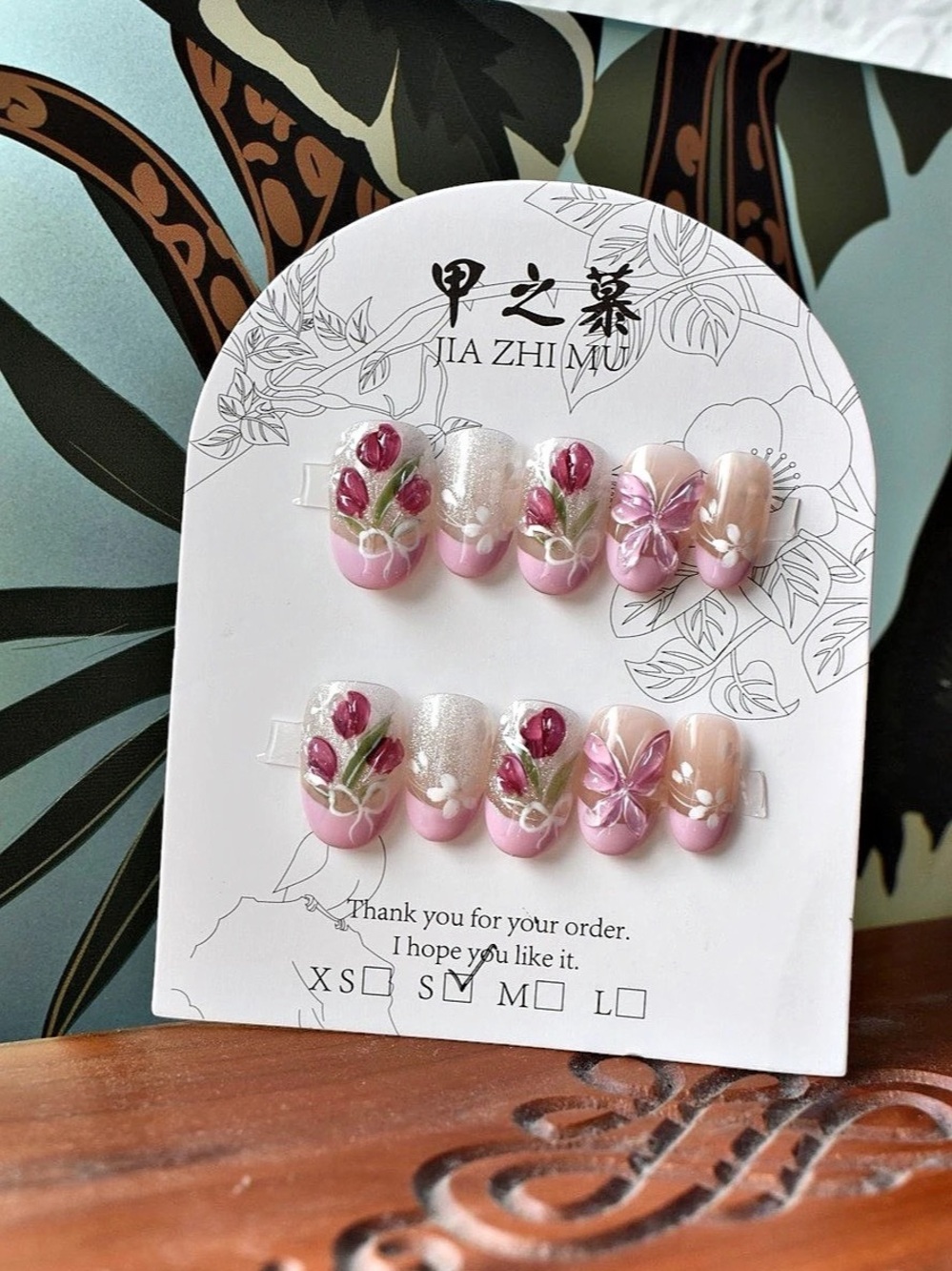 🌷JIA ZHI MU 3D Tulip & Butterfly Press On Nails Pink Floral Size Small 2.5🌷